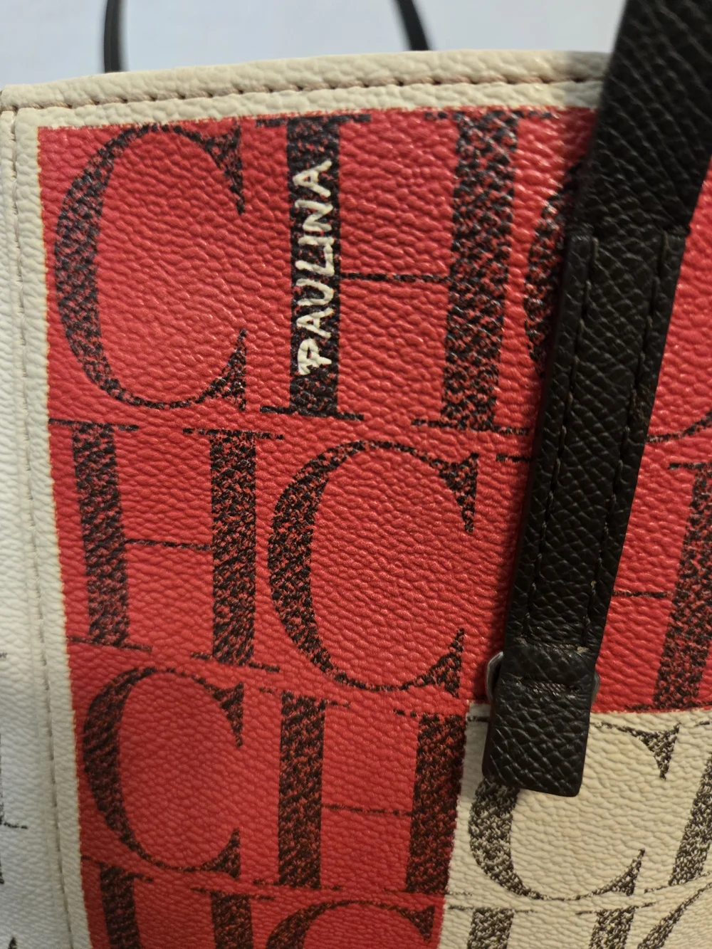 Carolina Herrera Signature CH Monogram Paulina Tote in Red, Cream and Black